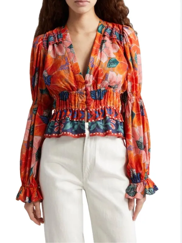 FARM Rio Marias Floral Plunge Neck Peplum Long Sleeve Top Size Medium - Image 2