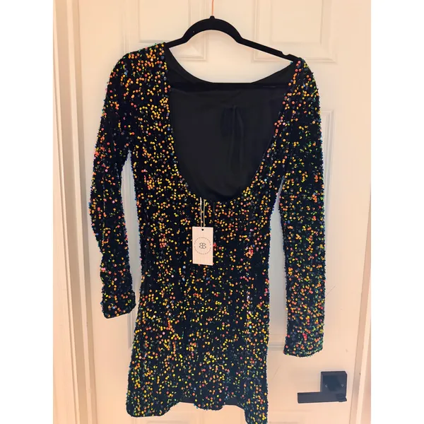 Bella Barnett NWT Sequin Mini Dress M Black Rainbow Long Sleeve‎ Open Back Dress - Image 5