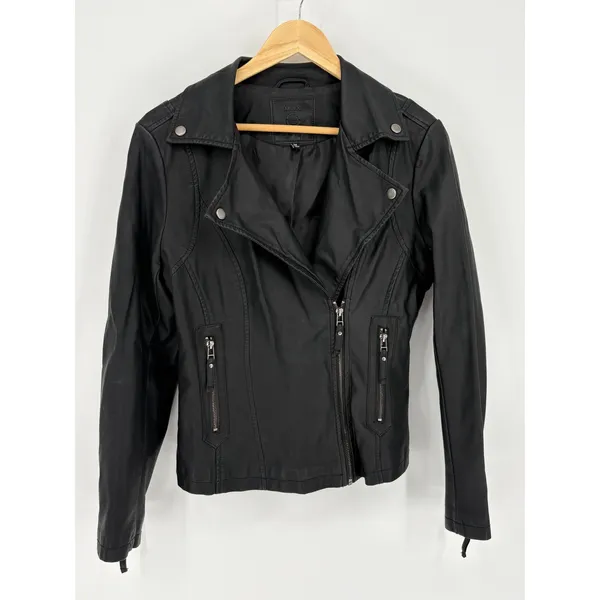 Max Studio Moto Jacket Women M Black Faux Leather Biker Asymmetric Zip Edgy - Image 11