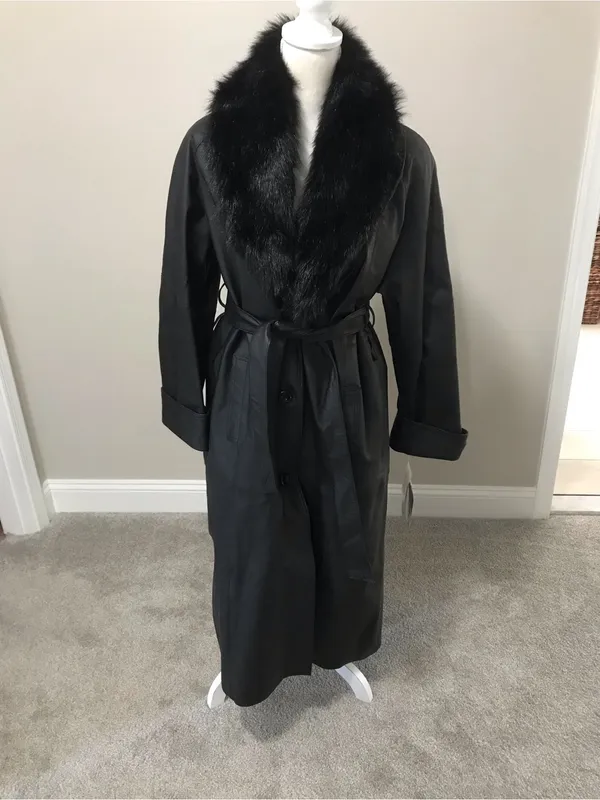NWT Black Faux-Fur Collar Leather Trench Coat - Image 13