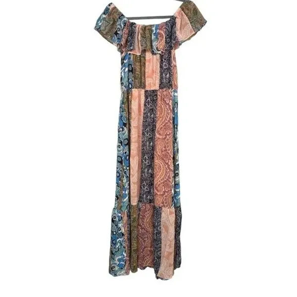 NWOT Sans Souci Off Shoulder Patch Print Maxi Dress Elastic Tie Waist M Tan Blue - Image 12