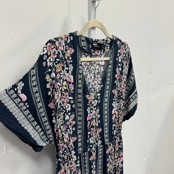 Minkpink Navy Floral Button Front Maxi Dress Boho Tassel Waist Pink Cream Medium - Image 4