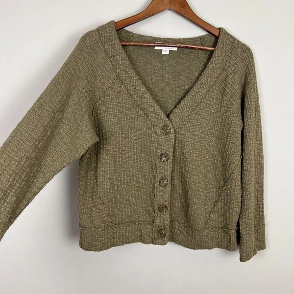Two‎ By Vince Camuto Cardigan Sweater Women Large Green Buttons V-Neck Knit Crop - Image 3