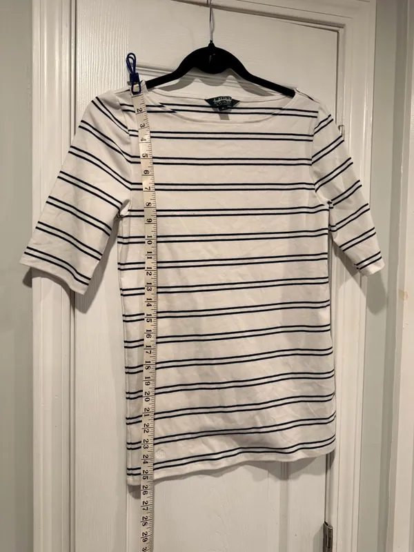 NWOT LRL Ralph Lauren Striped Knit Top Navy White Short Sleeve Stretch Classic - Image 9