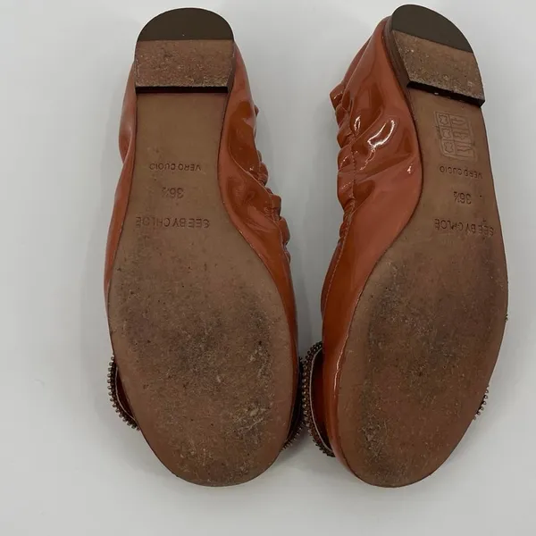 See by Chloe Patent Leather Bow Ballet Flats Sz 6.5 Old Money Euro Zipper Cognac - Image 9