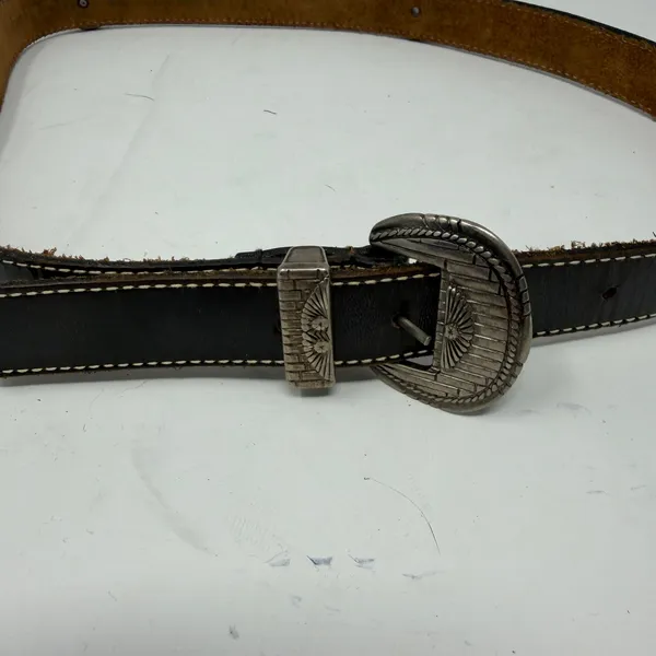 Western Concho Belt Leather Black Silver Engraved Buckle Women M-L - Image 2