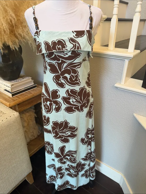 Anthropologie Paper Heart Blue Brown Linen Blend Floral Maxi Dress Size XS - Image 2