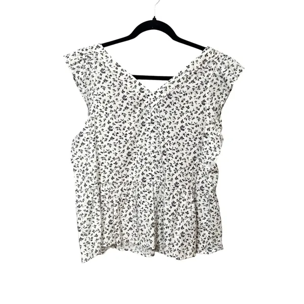 LOFT Womens Small White Black Floral Ruffle Cap Sleeve V-Neck Peplum Blouse Top - Image 3