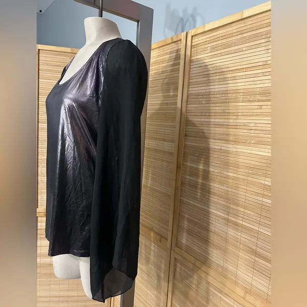 Dots purplish silver metallic blouse sheer black sleeves top shirt woman’s XL - Image 3