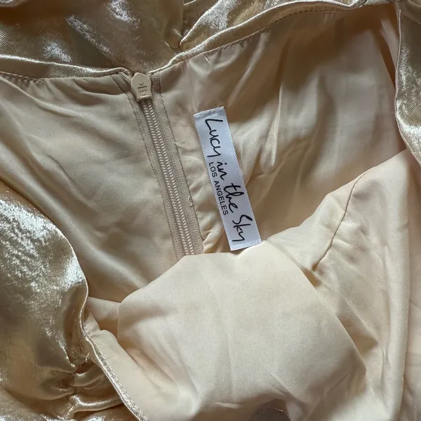 Lucy in the Sky Champagne Ruched Satin Mini Dress - Image 2