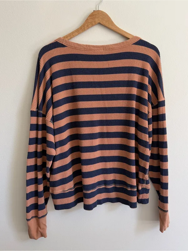Aerie Wow Waffle Henley Long Sleeve Striped Top Size Medium Navy Tan Shirt - Image 5