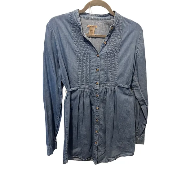 Ruff Hewn Chambray Tuxedo-Pleat Shirt Dress — M - Image 2