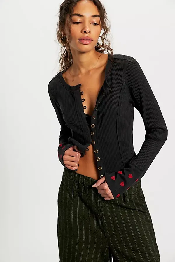 Free People Daria Cuff Cardi Top In Charcoal Black Grunge New Size S - Image 2