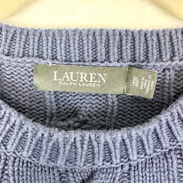 Lauren Ralph Lauren Cropped Cable Knit Sweater Size XL Navy Blue Cotton Classic - Image 3
