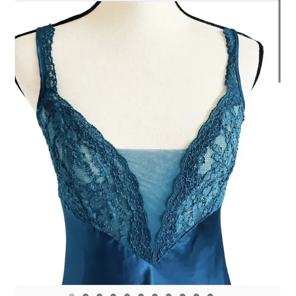 Victoria's Secret Gold Label Teal Satin Lace Nightgown M Lingerie Elegant Vintage - Image 2