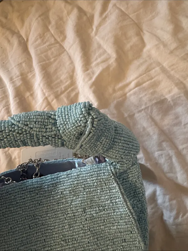 Sol and Mer Beaded Light Blue Striped Top-Handle Bag with Pasta and Tomato Motif - Image 7