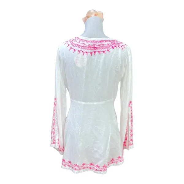 VINTAGE HAVANA WHITE AND NEON PINK EMBROIDERED GYPSY TUNIC TOP size M - Image 3