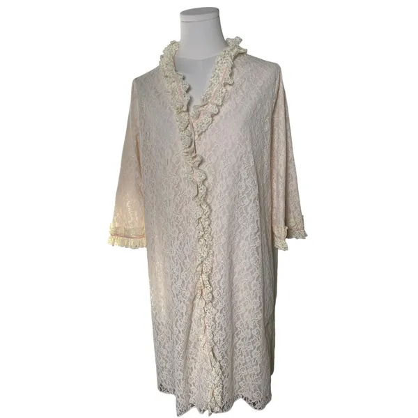 Vintage Lady Irene Lace Ruffle Peignoir Robe L Ivory Pink Ribbon Nylon Nightgown - Image 5