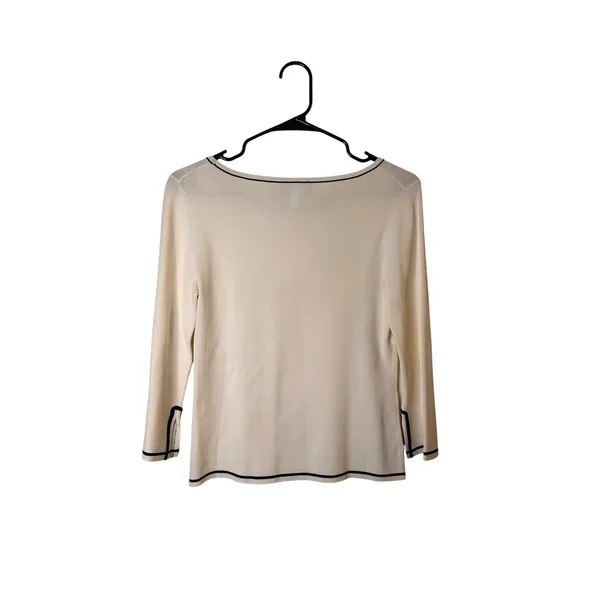 Pointelle White Black Trim Long Sleeve Dressy Formal Blouse Women Sz S - Image 2