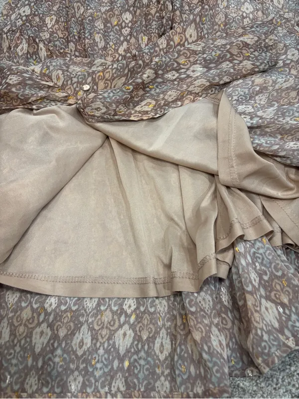 Moon River Puff Sleeve Tiered Maxi Dress S Boho Bohemian Neutral Paisley Gold - Image 14