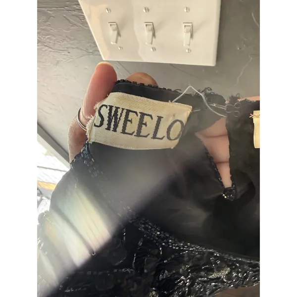 Sweelo Vintage Black Silk Beaded Sequin Floral Evening Top Short‎ Sleeve Medium - Image 6