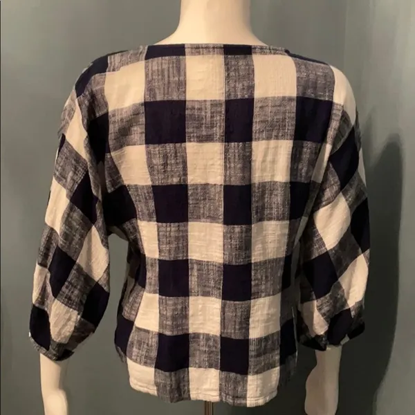 Zara Navy & White Check Linen Blouse size medium - Image 8