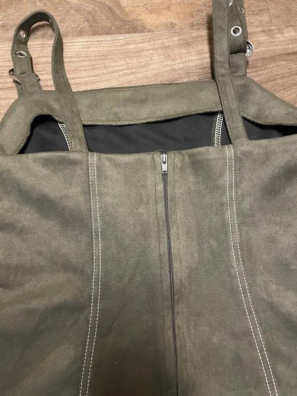 AUW Olive Green Faux Suede Mini Overall Dress with Silver Buckles Size Small - Image 9