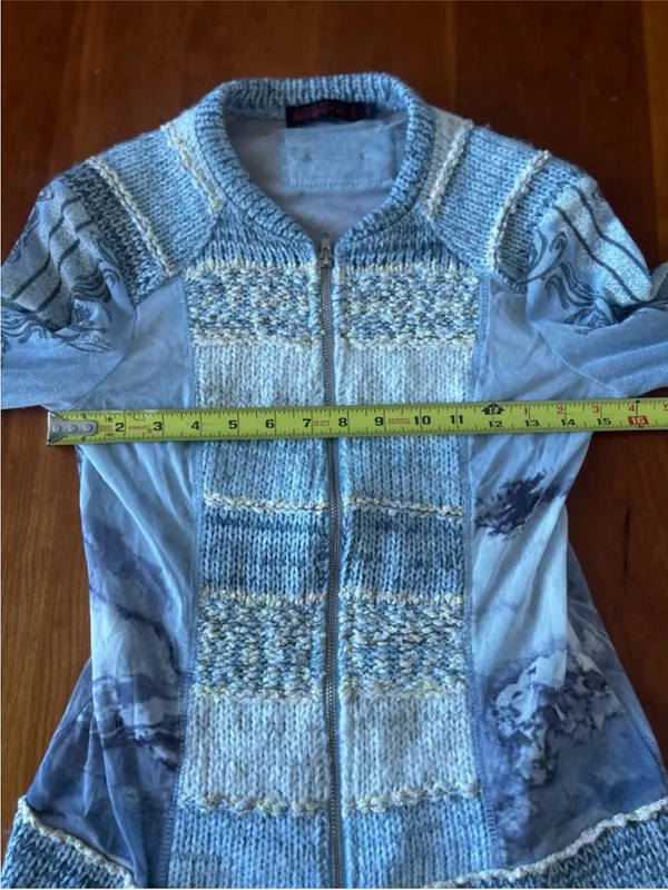 Vintage Y2K mesh knit jacket Lulu H Paris blue and cream Size XS/S - Image 11