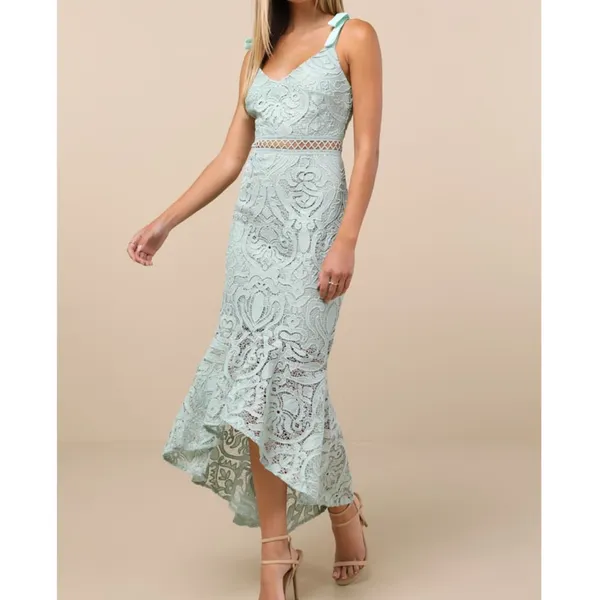 NEW Lulus Won Your Heart Sage Green Lace Tie-Strap High-Low Midi Dress Small - Image 3