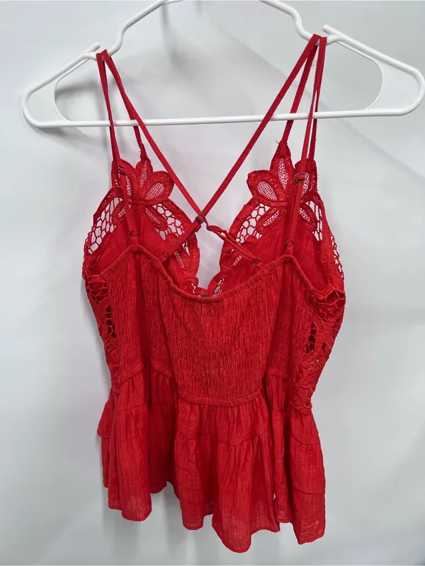 Red Lace bohemian tank top Strappy Camisole crochet peplum tiered bralette M - Image 8