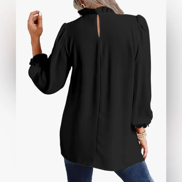 NEW Black long Sleeve Blouse Career Mock Neck Ruffle Top M - Image 8