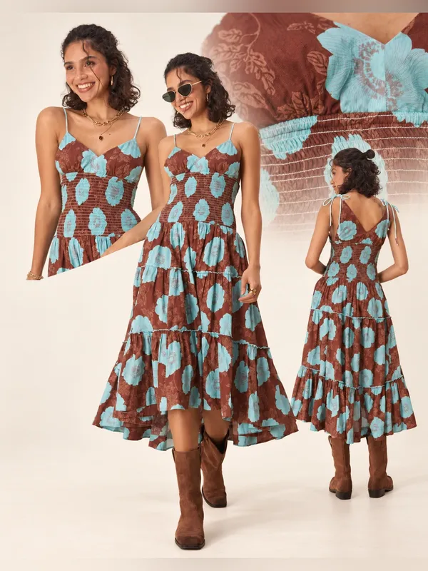NWT Free People Adriel Floral High-low Midi Dress Nutmeg Blue L $168 - Image 2
