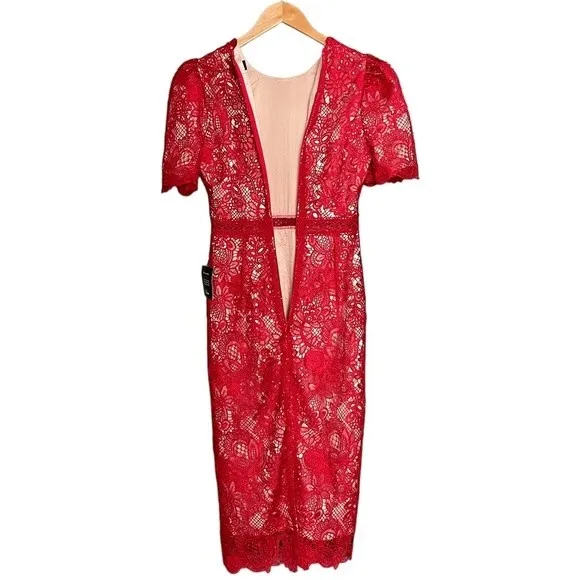 NWT Lulus Amore Dress Size XS Red Crochet Lace Midi Wedding Guest Cocktail Date - Image 4