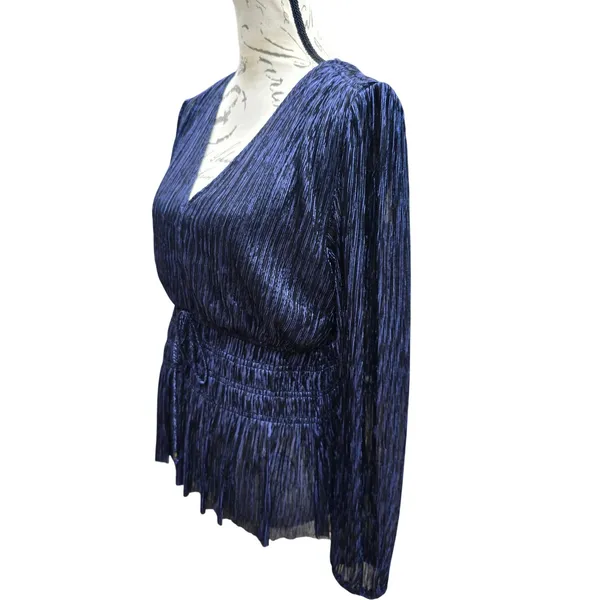 White House Black Market Navy Blue Metallic‎ Pleated Smocked Peplum Blouse Small - Image 4