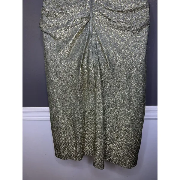 Maggy London Dress Womens 4 Gold Metallic Chevron Ruched V Neck Sheath Midi - Image 9