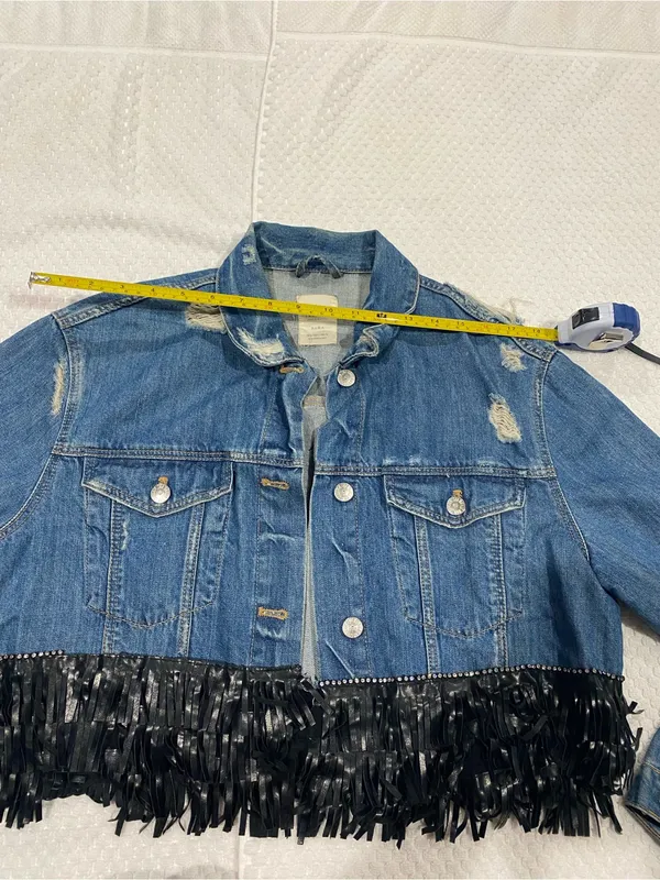 Zara Light Blue Distressed Denim Jacket with Black Fringe Detail - Image 2
