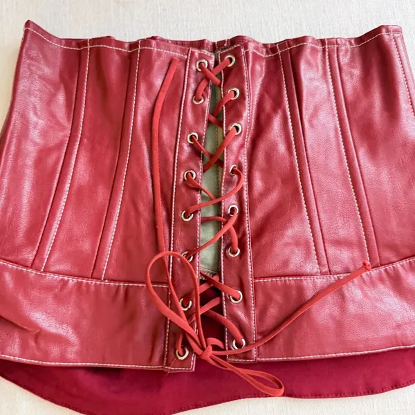 Edikted Moss Faux Leather Corset L Burgundy Y2K Lace Up Moto Bustier - Image 7