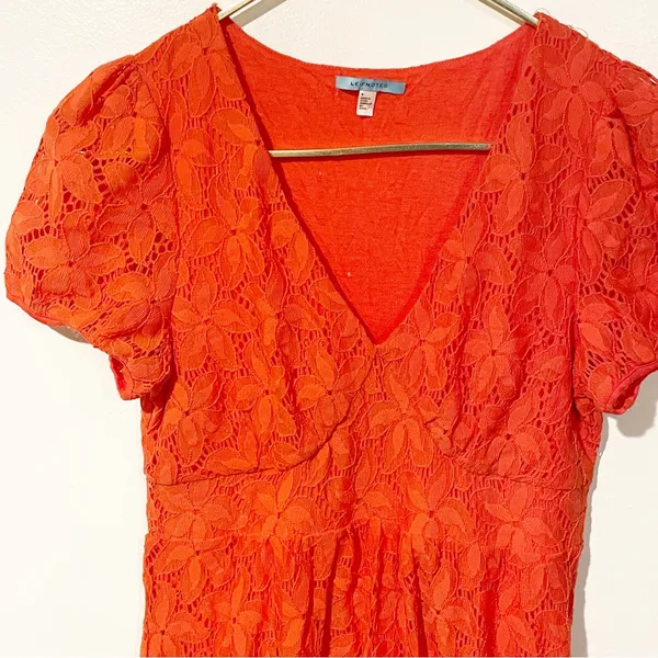 Anthropologie Leifnotes Small Orange Dogflora Eyelet Midi Dress Short‎ Sleeve - Image 4