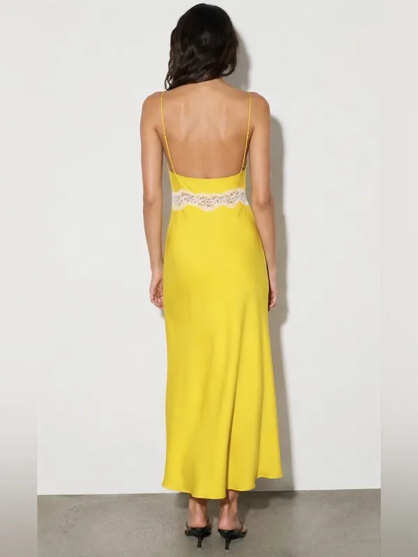 Zara Yellow Satin Finish Slip Dress with White Lace Trim Size Small - Image 2
