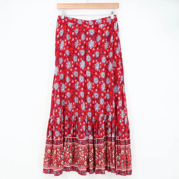 Mango Maxi Skirt Womens S Casual Red Floral Tiered Bohemian Long Excellent - Image 3