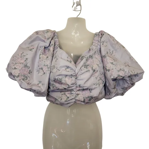 Express Purple Floral Puff Sleeve Ruched Front Chic Blouse Crop Top Size Medium - Image 2