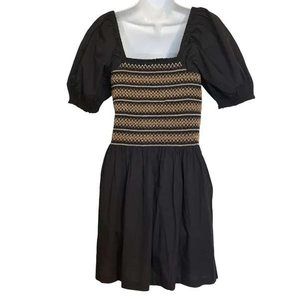 MADEWELL Black Smocked Embroidered Puff‎ Sleeve Poplin Mini Dress NWT Size Large - Image 7