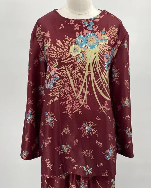 Vintage 70s Floral Print Matching Skirt Set Button Neck Tunic Midi Maroon Small - Image 9