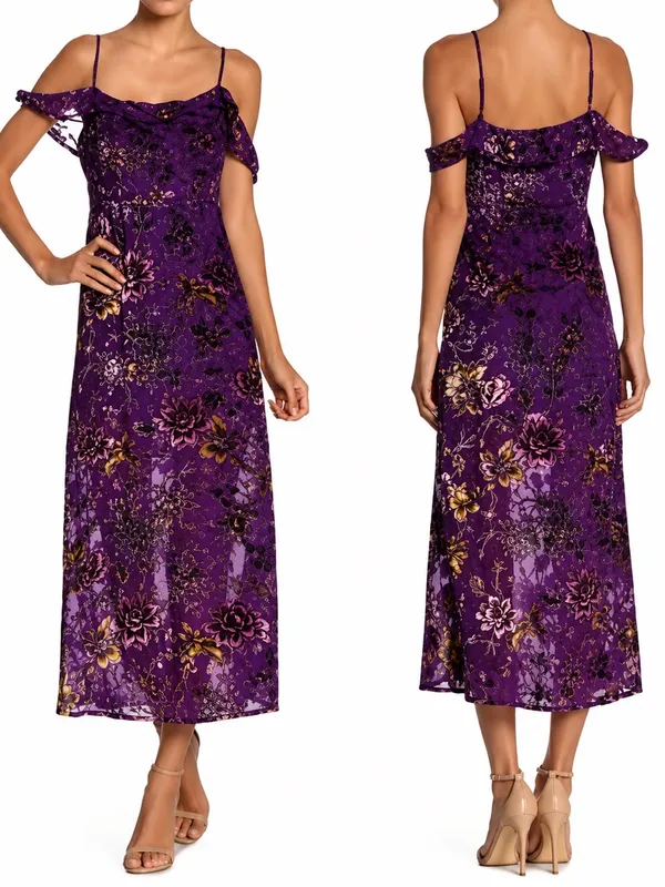 NWT Honey Punch Purple Floral Velvet Burnout Cold Shoulder Midi Dress M - Image 2