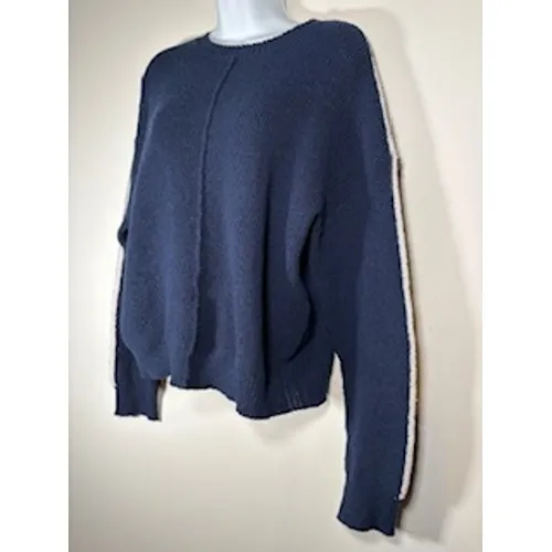 Navy Blue Sweater White Sleeve Stripe Ribbed Knit Crewneck Coastal‎ Nautical - Image 2
