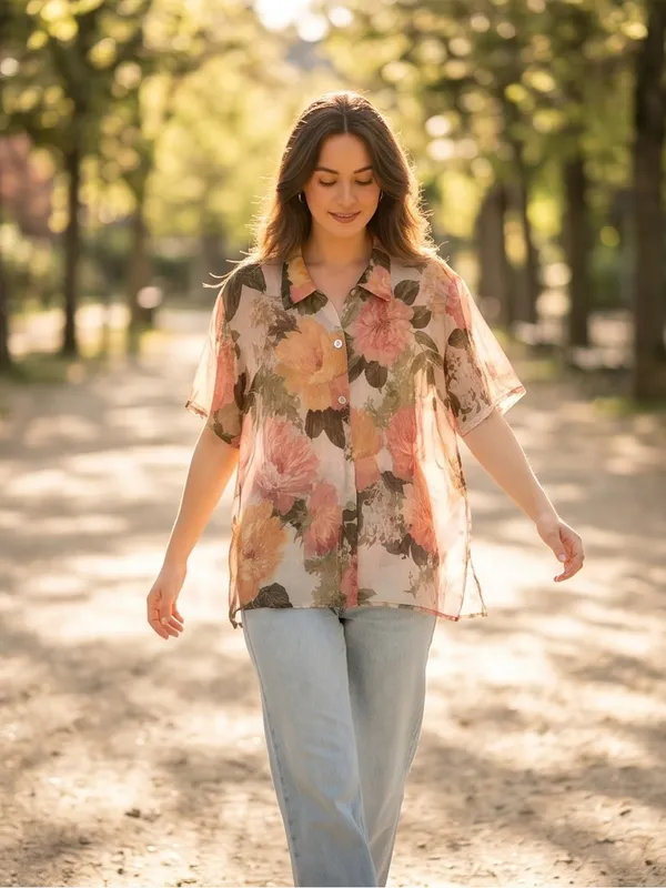 J.B.S. Sheer Floral Button-Down Shirt in Peach, Pink and Green - Image 3