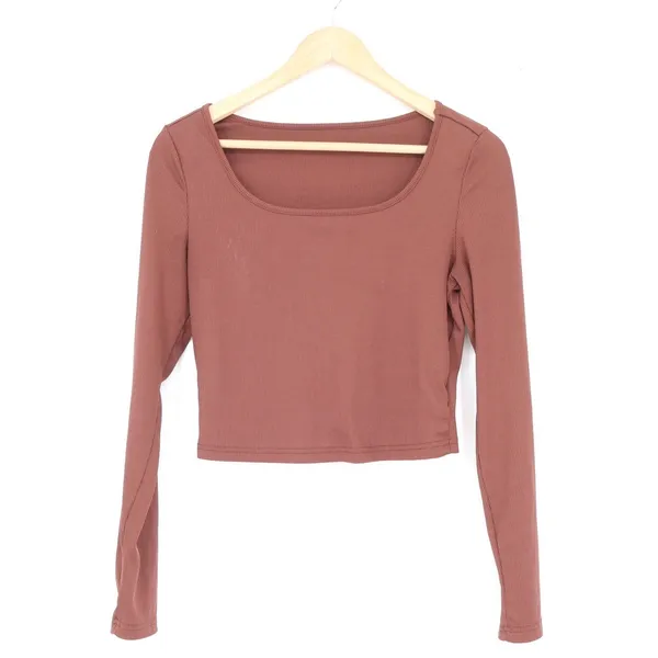 SHEIN Brown Ribbed Square Neck Long Sleeve Crop Top Womens Medium - Image 2