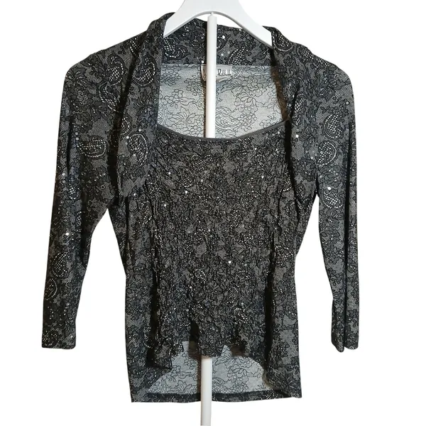 Joseph Ribkoff Womens Black Lace Sequin Y2K Vintage TopSize 10 - Image 2