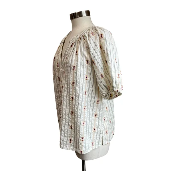 LOFT Clip Stripe Peasant Blouse M Puff Sleeve Boho Textured Feminine Top‎ - Image 3