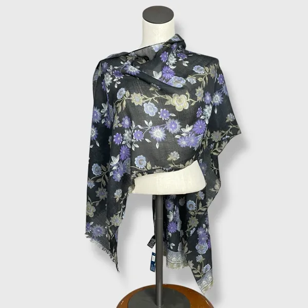 Vivante Scarf Floral Gray Gauzy Viscose Wool‎ FLAWS NWT Raw Edge Fringe Boho - Image 2